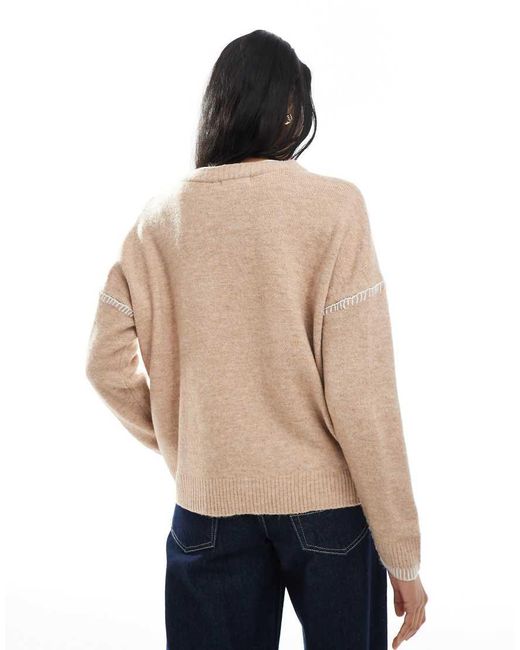 Brave Soul Natural Contrast Stitch Button Through V-Neck Cardigan