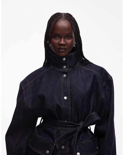 & Other Stories Blue Pure Cotton Funnel Neck Denim Short Jacket With Belt Detail