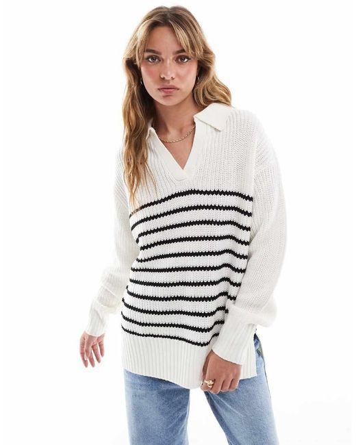 Threadbare White Collared V Neck Oversized Jumper