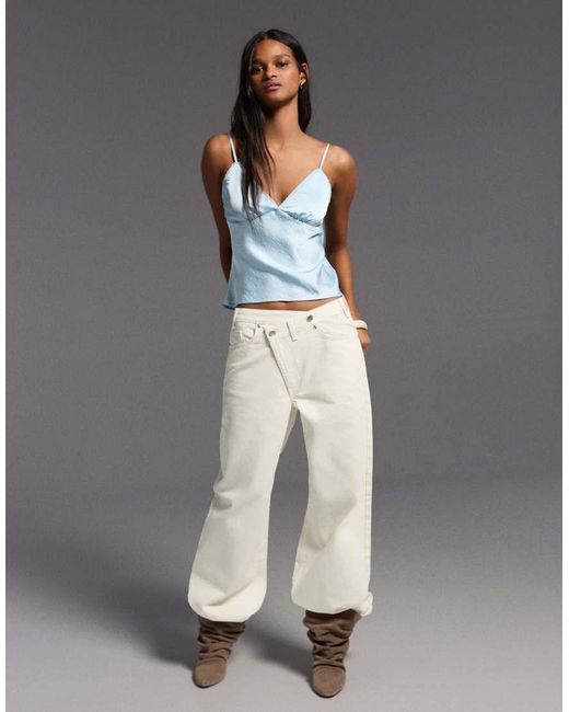 Bershka Gray Lace Trim Sateen Top