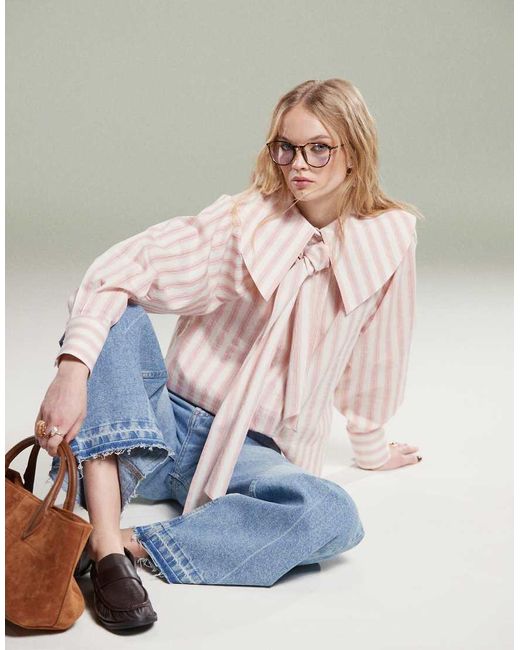 Camicia Rosa A Righe Con Colletto Grande E Allacciatura di ASOS in Multicolor