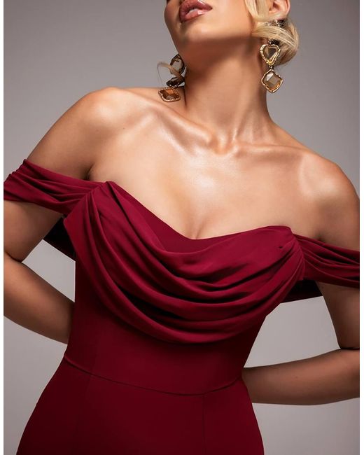 Goddiva Red Chiffon Bardot Cowl Neck Maxi Dress
