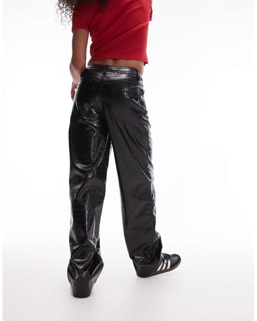 Pantalon droit en similicuir effet croco avec taille haute TOPSHOP en coloris Rouge Lyst