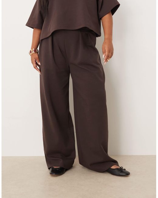 ASOS Brown Asos Design Curve Co-ord Interlock Wide Leg Trouser