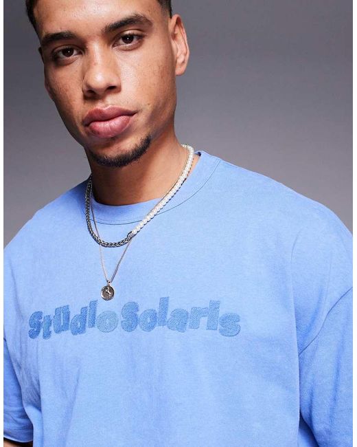 ASOS Blue Heavyweight Boxy Oversized T-shirt With Text Embroidery for men