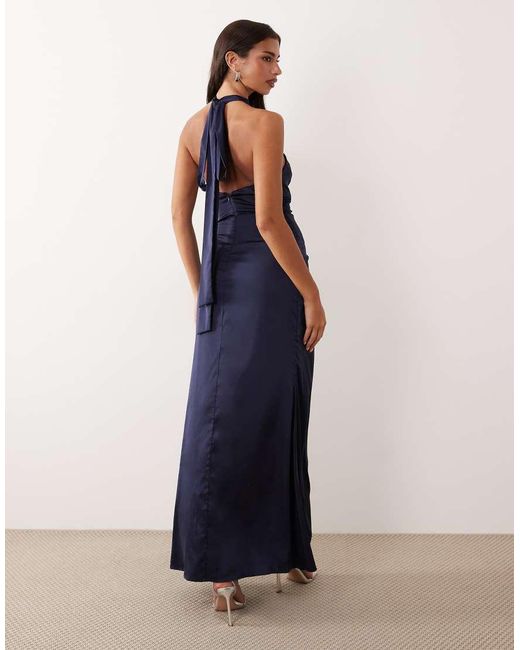 TFNC London Blue Bridesmaid Satin Halter Neck Pleat Detail Maxi Dress