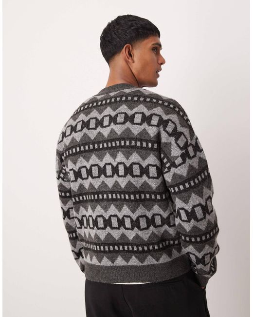 ASOS Black Relaxed Boxy Fit Cardigan With Fluffy Aztec Pattern for men
