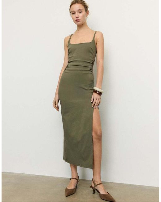 Stradivarius Green Bengaline Midi Dress With Square Neckline