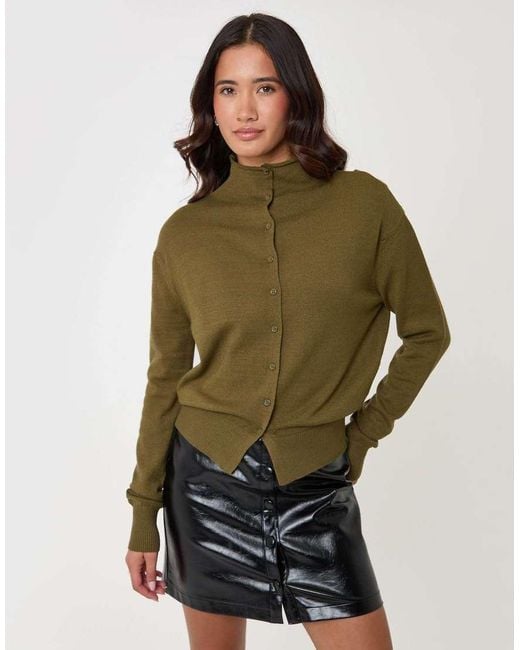 Threadbare Green Compact Knit Funnel Neck Cardigan