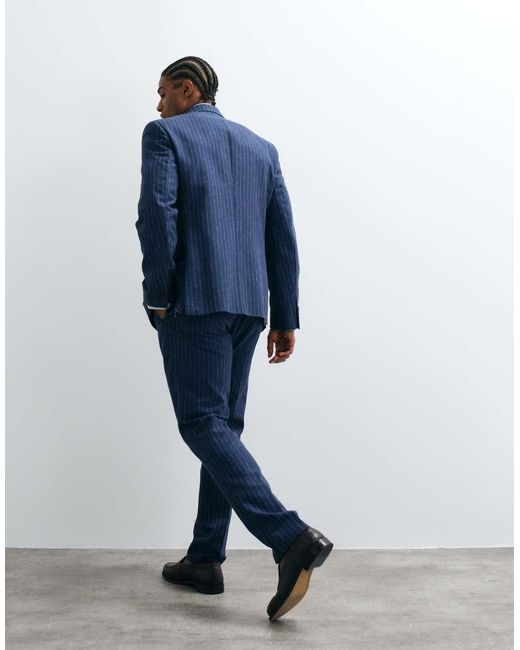 ASOS Blue Slim Double Breasted Suit Jacket With Linen for men