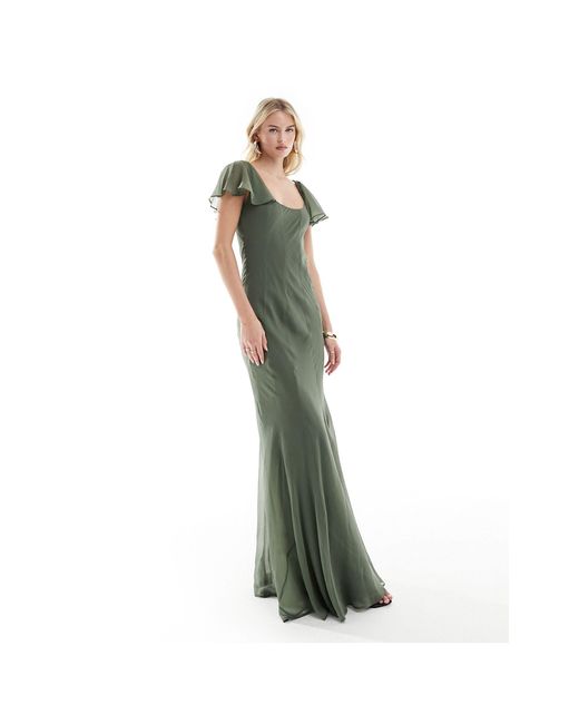 ASOS Green Asos Design Tall Flutter Sleeve Scoop Neck Bias Panelled Maxi Dress