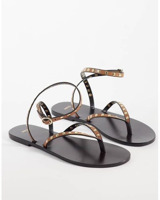 Mango Metallic Strappy Flat Sandals With Studs