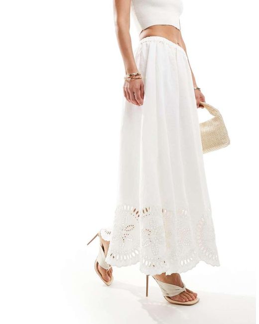 & Other Stories White Linen Maxi Skirt With Volume Hem And Embrioderd Broderie