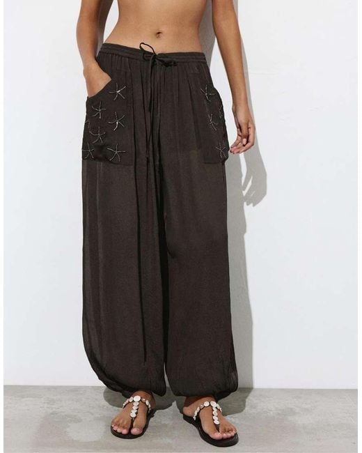 Pull&Bear White Beaded Sarouel Trousers