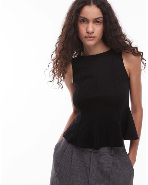 Mango Black Structured Knit Peplum Hem Top