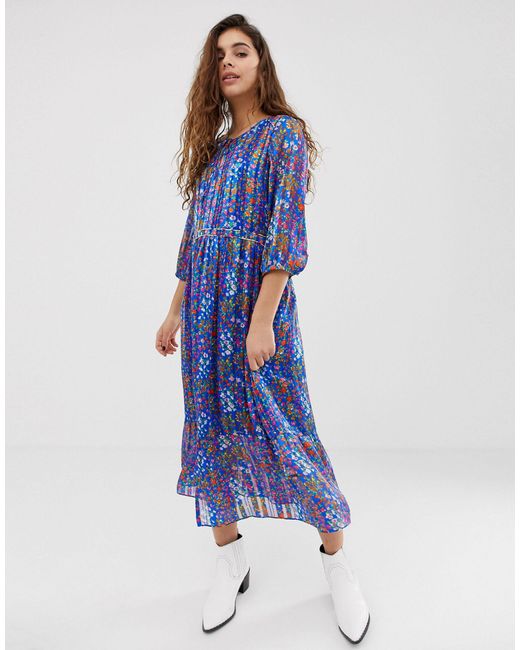 Ba&sh Reese - Midi-jurk Met Fijne Bloemenprint En Contrasterend, Gekleurd Randje in het Blue