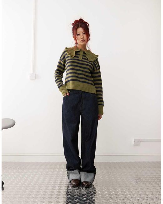 Monki Green Long Sleeve Collar Polo Knitted Sweater