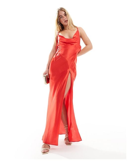 ASOS Red Satin Cowl Neck Bias Maxi Dress With Buckle Detail And Cut Out