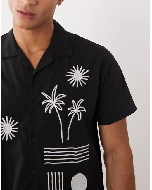 Threadbare Black 100% Cotton Short Sleeve Shirt With Flower Embroidery Detail for men