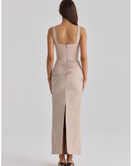 House Of Cb White Calandra Taupe Stretch Crepe Ruched Maxi Dress