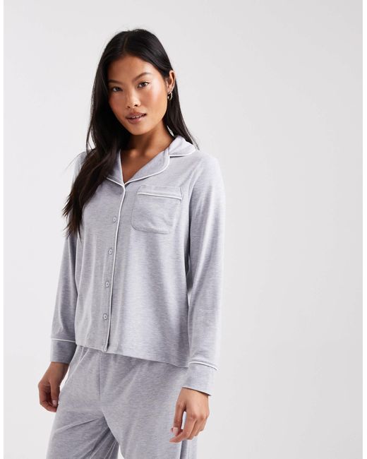 ASOS Gray Asos Design Petite Super Soft Long Sleeve Shirt & Pants Pyjama Set With Contrast Piping