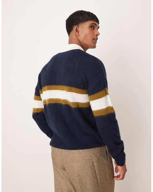 ASOS Blue Relaxed Knitted Rugby Polo Jumper for men