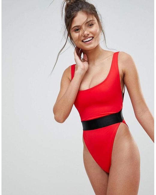 ASOS Recycled Fuller Bust High Leg Elastic Waist Swimsuit Dd-g in Red