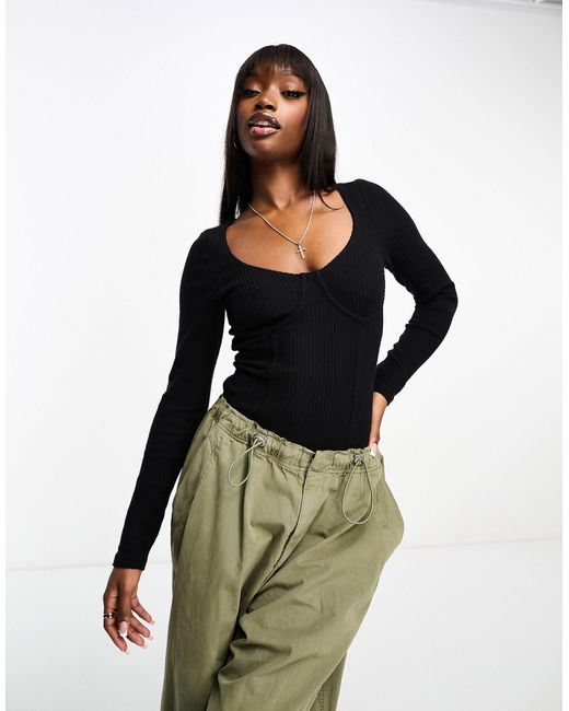 ASOS Green Rib Bodysuit With Bust Seams And Long Sleeve