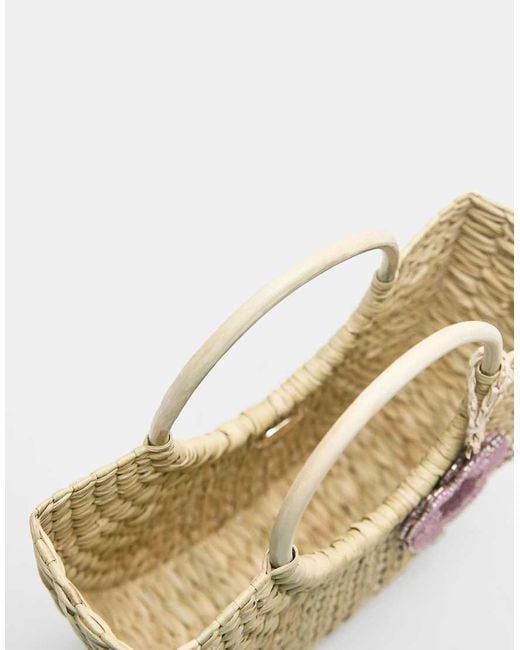 Pull&Bear White Embellished Raffia Basket Bag