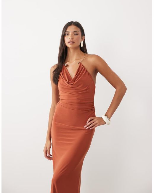 ASOS Red Slinky Cowl Neck Maxi Dress With Floral Neck Detail