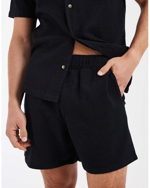 ASOS Black Waffle Textured Mid Length Shorts for men