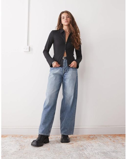 Weekday Blue Zip Through Shirt With Flare Sleeve Detail