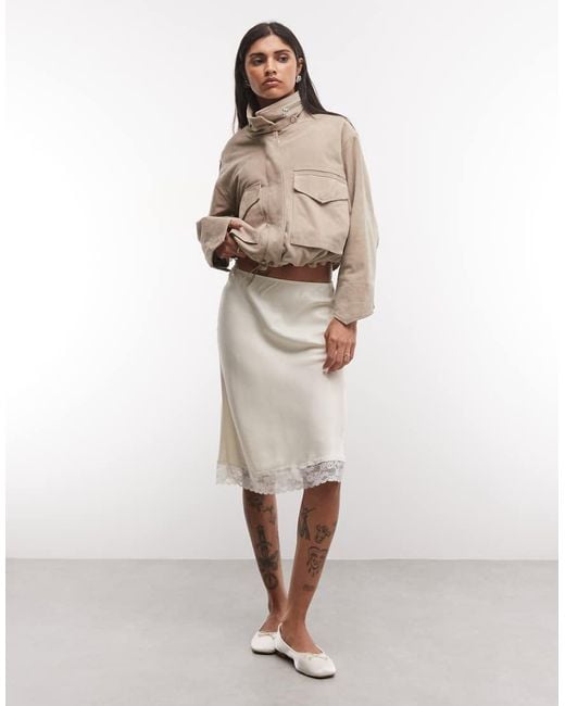 Reclaimed Vintage Natural Satin Awkward Length Skirt With Lace Trim