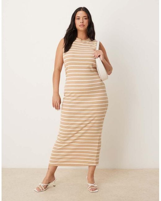 ASOS Natural Asos Design 90s Curve Ribbed Built Up Midi Tank Dress Neutral Stripe