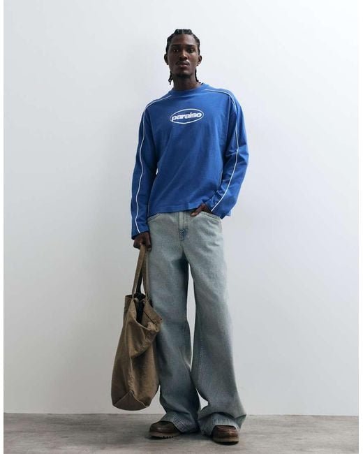 ASOS Blue Boxy Oversized Long Sleeve T-Shirt With Paraiso Graphic for men