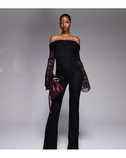 Kaiia Black Exclusive Double Layered Slinky Lace Longsleeve Foldover Bardot Jumpsuit