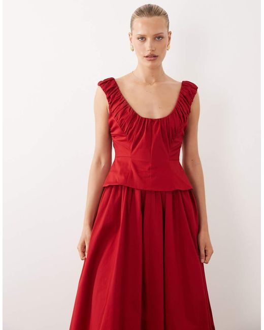 ASOS Red Structu Ruched Curve Neck Peplum Midi Dress