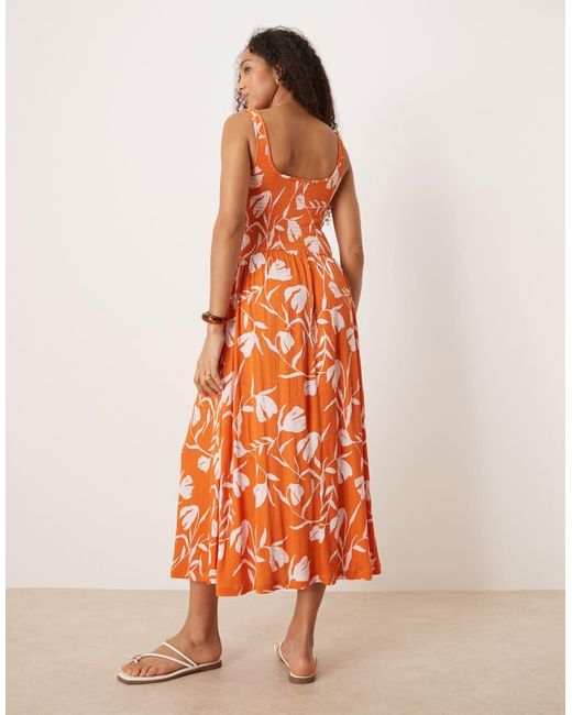ASOS Orange Crinkle Sweetheart Neck Midi Dress