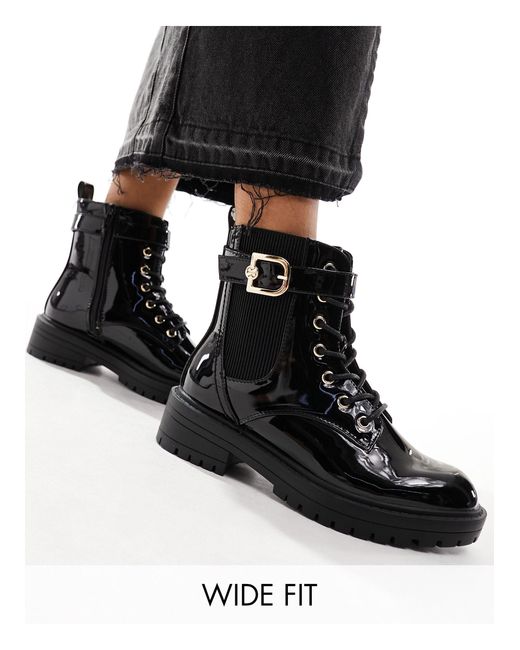 River Island Black Wide Fit Lace Up Boot With Gold Buckle