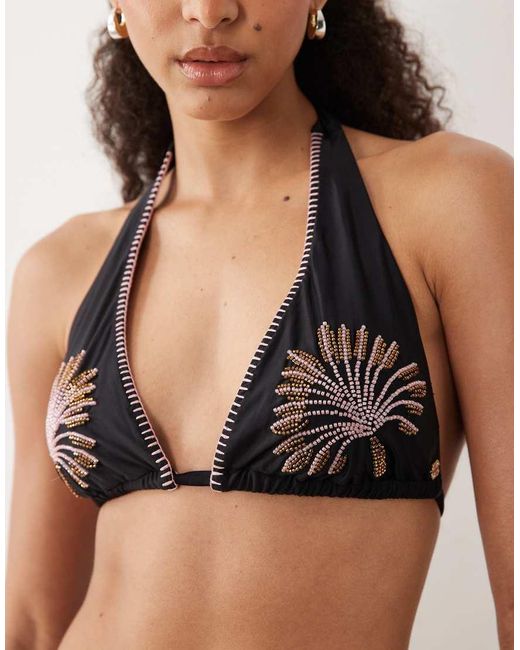 Never Fully Dressed Black Embroidered Triangle Bikini Top Co-Ord