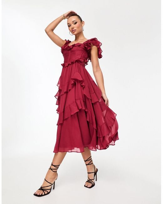 ASOS Flutter Sleeve Ruched Corset Detail Tiered Midi Dress