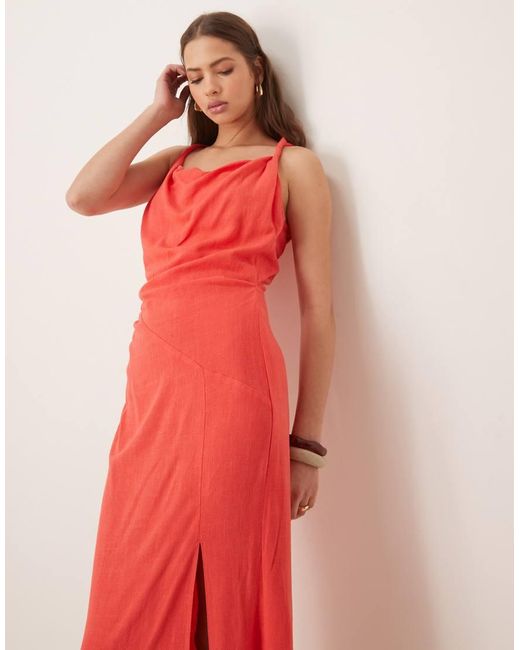 ASOS Pink Linen Mix Twist Shoulder Detail Midi Dress With Ruching
