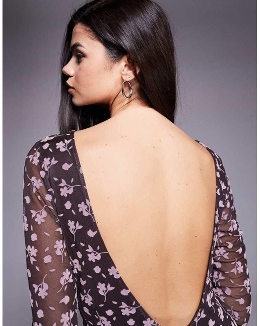 ASOS Purple Flocked Floral Maxi Dress With Flute Sleeve