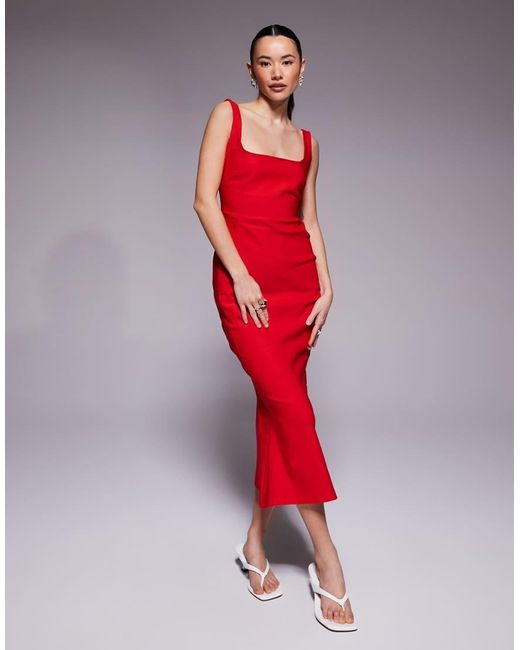 Vesper Petite Red Bengaline Sleeveless Square Neck Fishtail Midi Dress