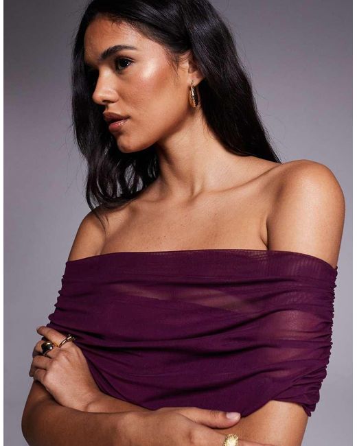 ASOS Purple Draped Shoulder Mesh Mini Dress With Ruching