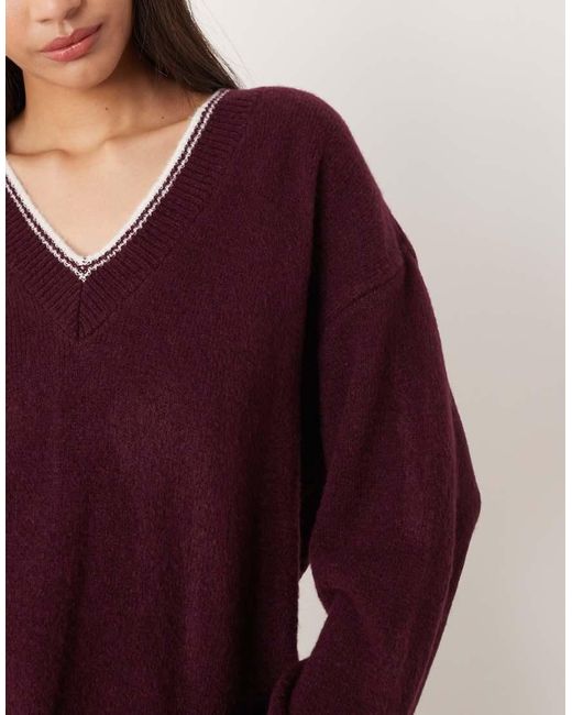 ASOS Purple Relaxed V Neck Jumper With Contrast Tipping