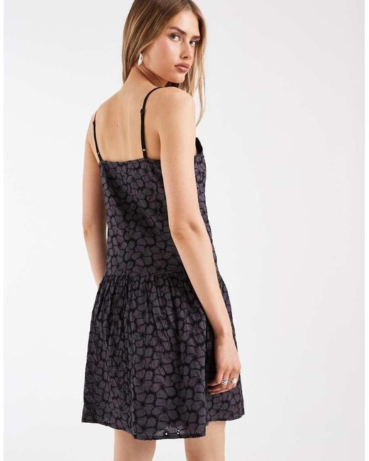 Pieces Blue Drop Waist Cotton Embroidered Mini Dress