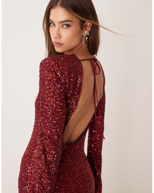 Gina Tricot Red Fluted Sleeve Sequin Maxi Dress With Open Back