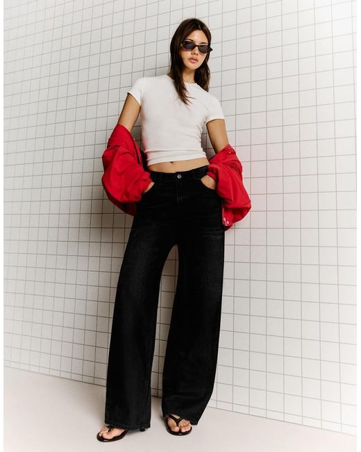 Bershka Red High-waist Wide Straight-leg Jeans