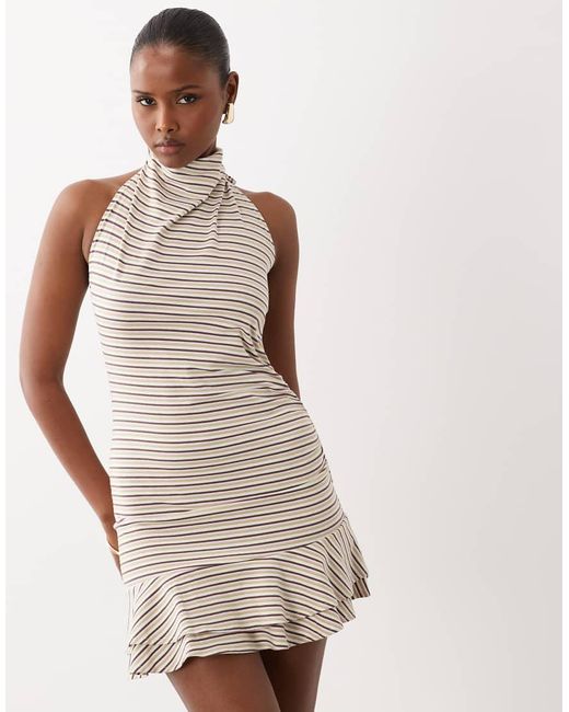 The Frolic Brown Exclusive Cotton Rich Halterneck Cowl Neck Ruffle Hem Mini Dress